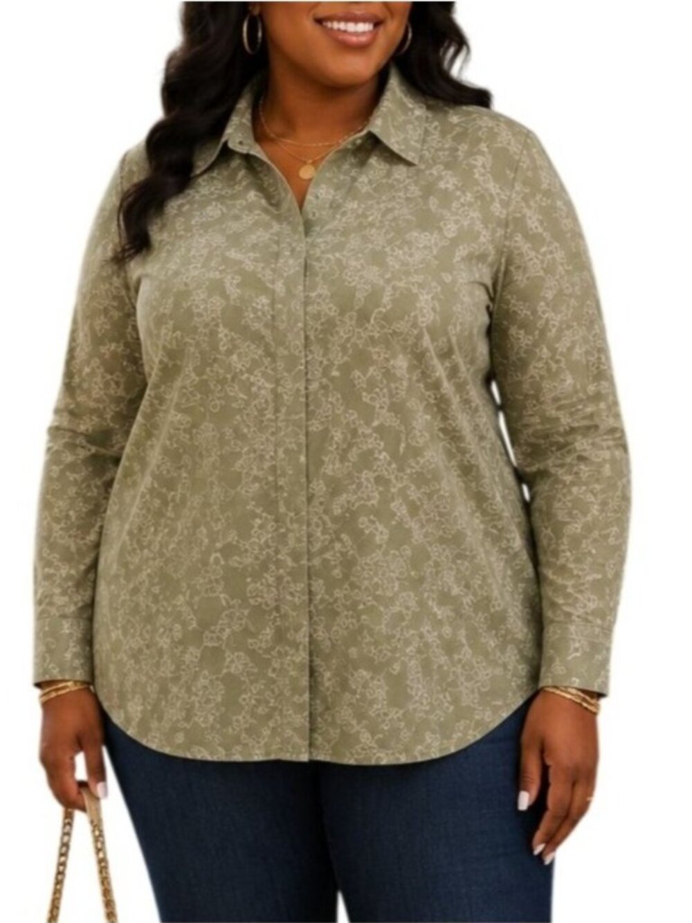 C.J. Banks Plus Size 1X Top Green Floral Corduroy Button-Up Long Sleeve Collared